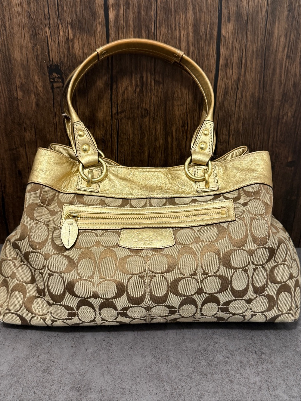 Coach Tan Signature Jacquard Tote with Gold Trim, Rare
